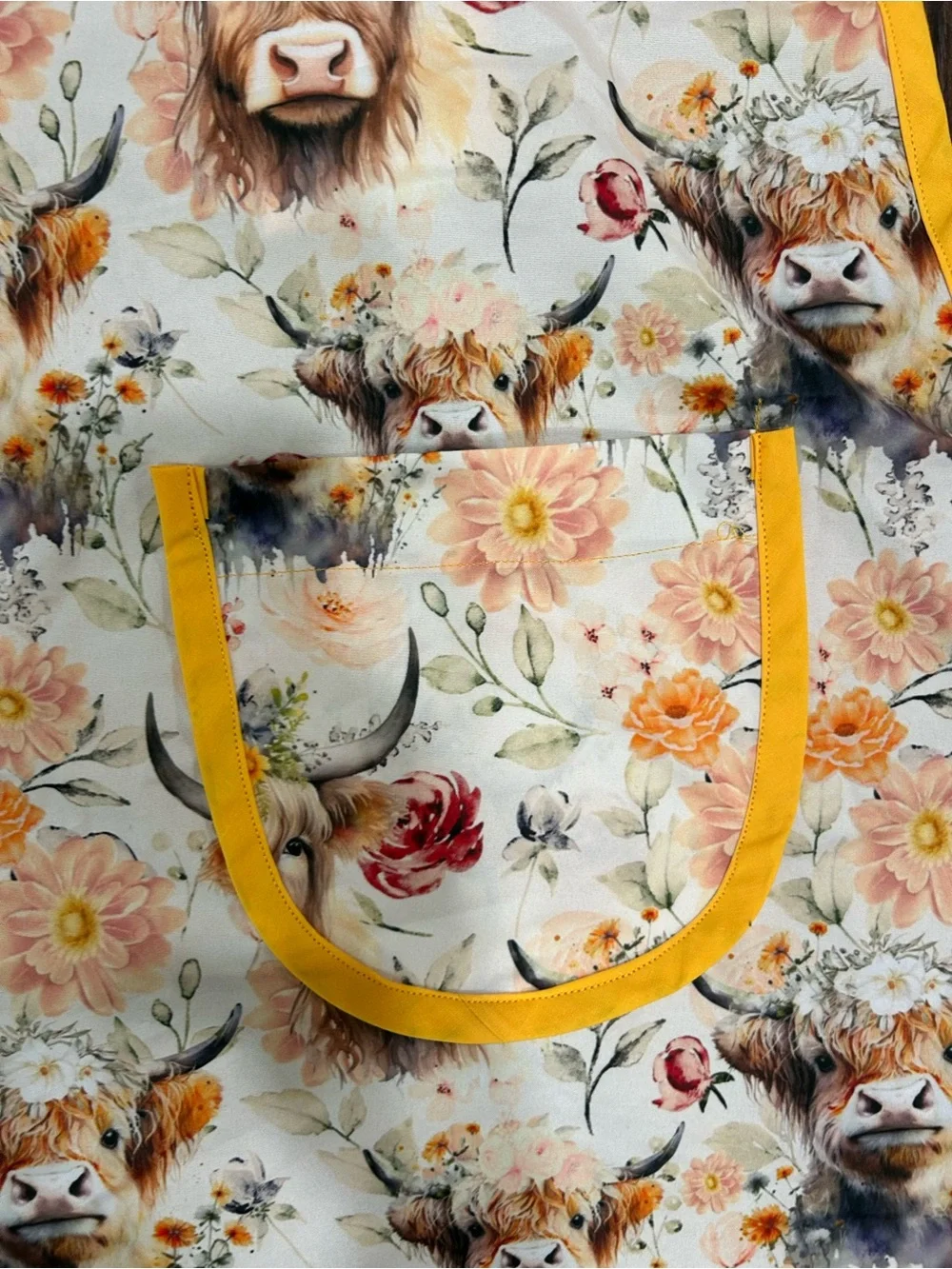 Handmade Highland Cow Floral Apron Farmhouse Kitchen Cooking Gardening Gift OS